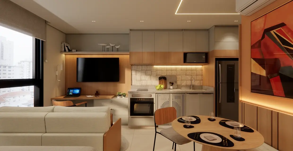 Studio decorado — Sirius Residence, Santos/SP