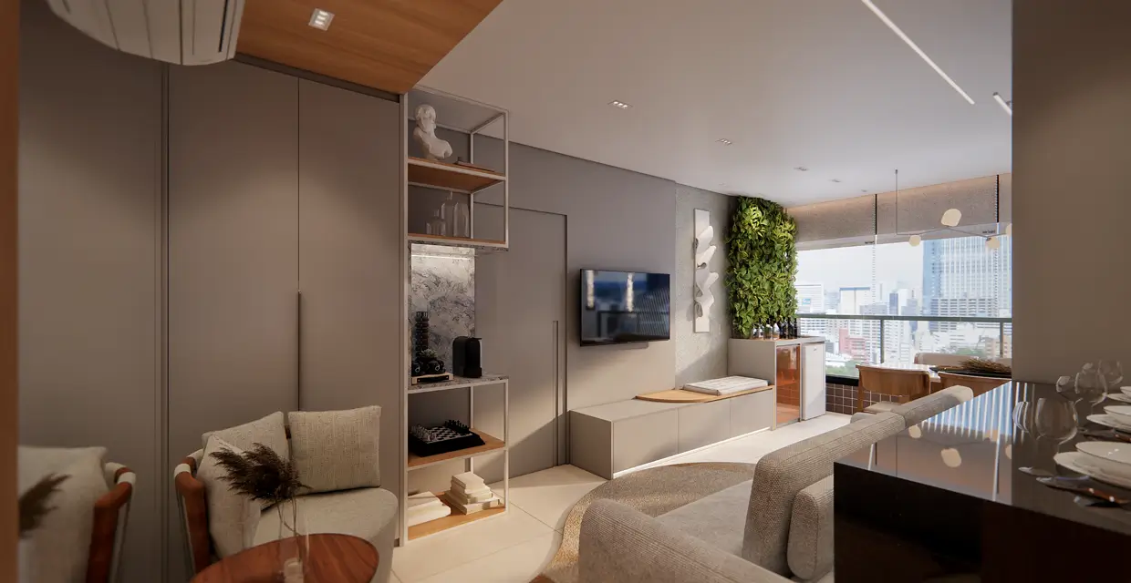 Living integrado do apartamento de 2 suítes — Sirius Residence
