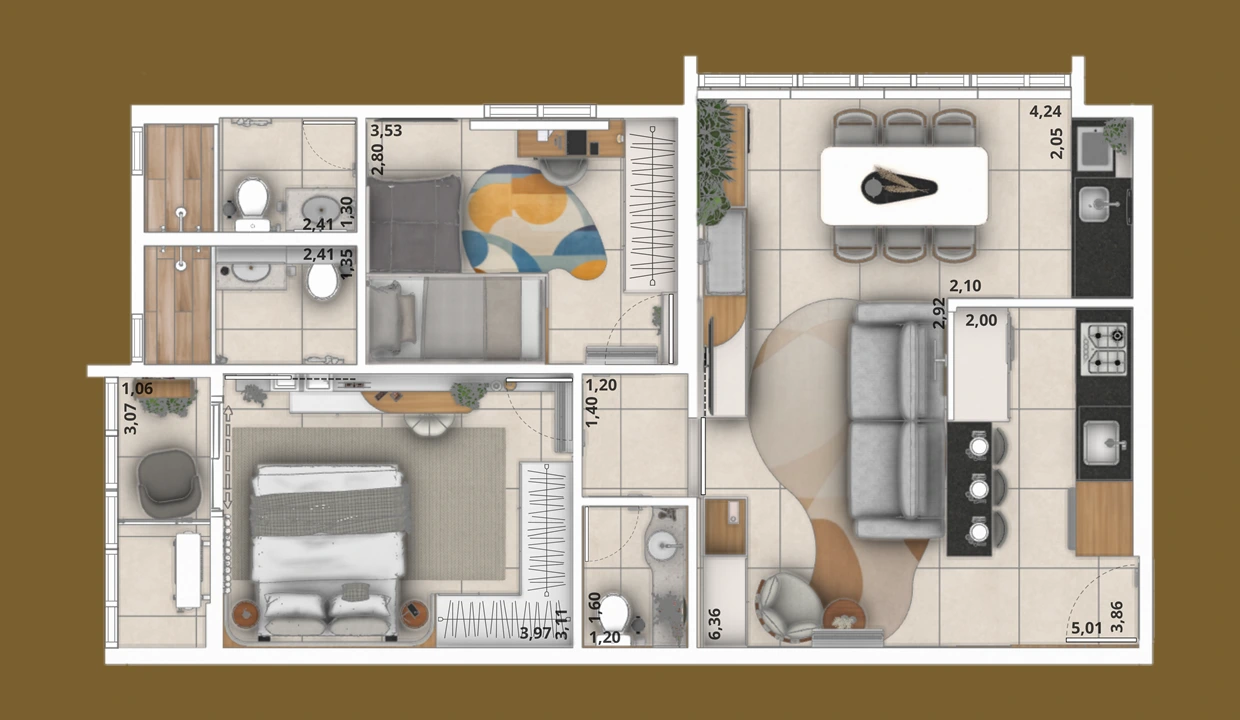 Planta humanizada do apartamento de 2 suítes — 74,29 m² — Sirius Residence