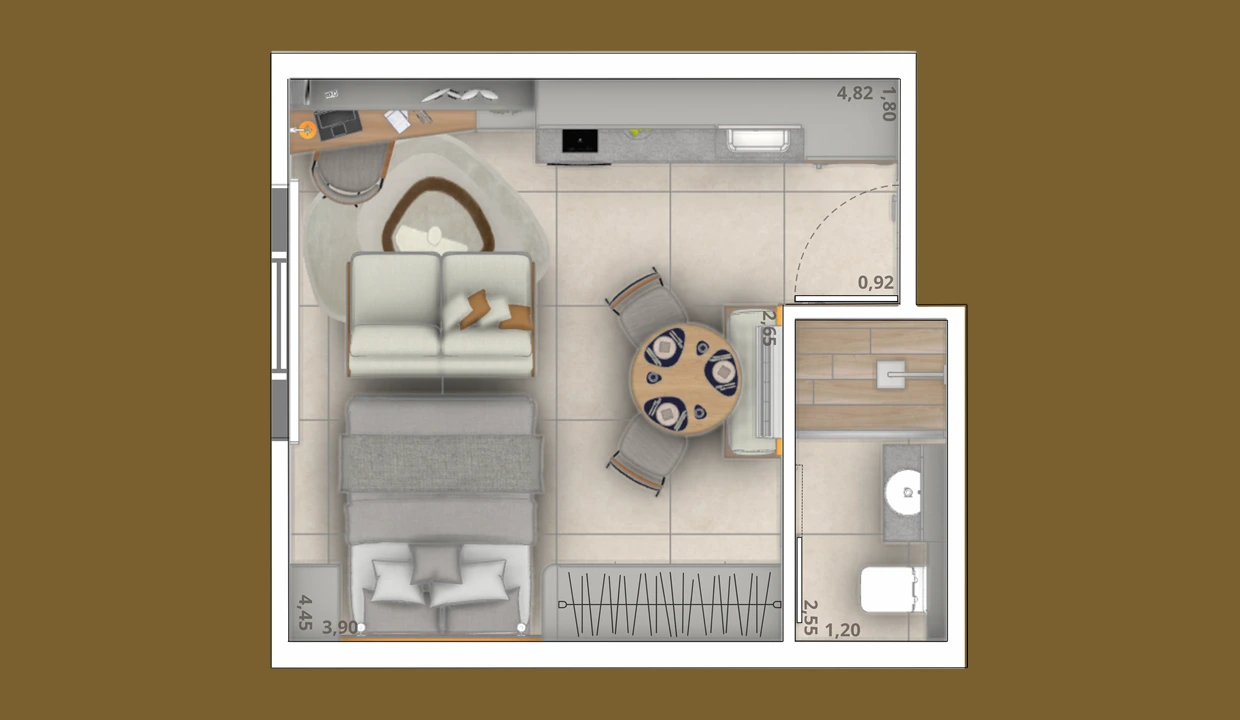 Planta humanizada do studio de 24,59 m² — Sirius Residence