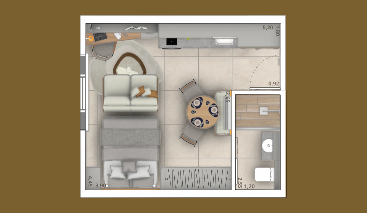 Planta humanizada do studio de 25,28 m² — Sirius Residence